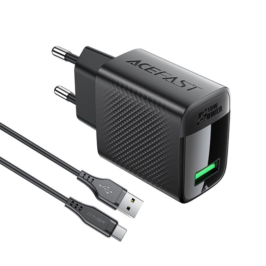 Síťová nabíječka s kabelem USB-C Acefast A90, 18W, 3A, 1 x USB-A, černá