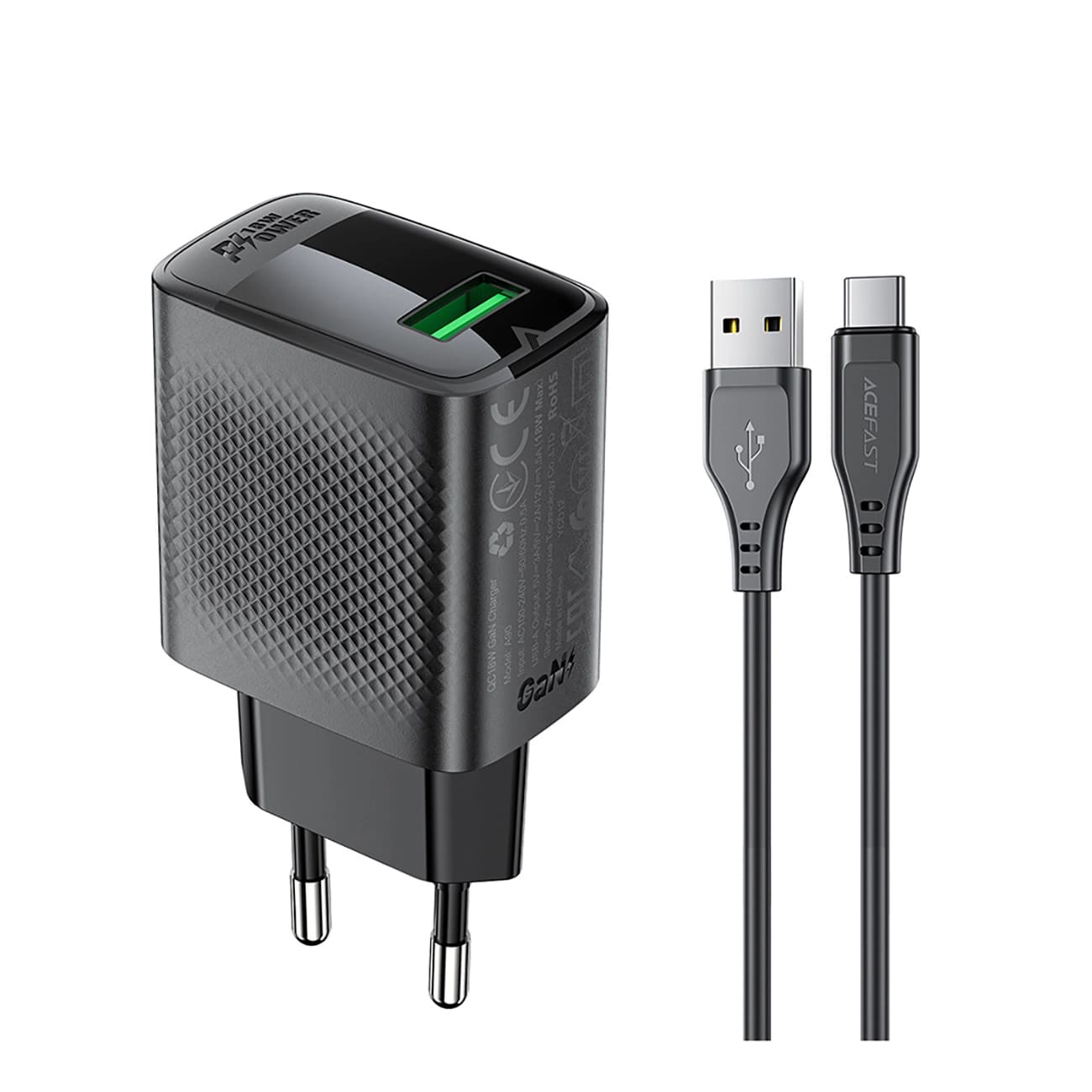 Síťová nabíječka s kabelem USB-C Acefast A90, 18W, 3A, 1 x USB-A, černá