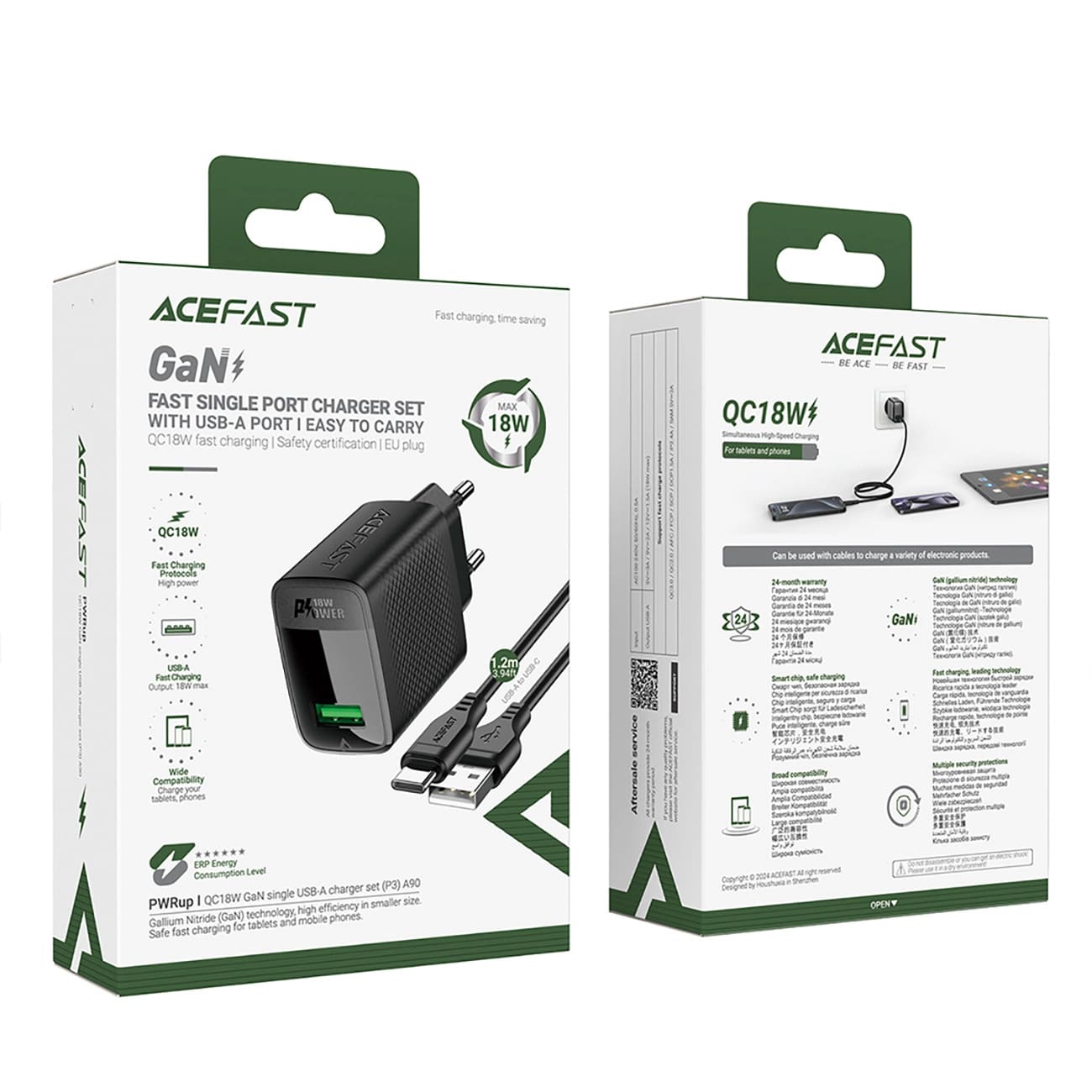 Síťová nabíječka s kabelem USB-C Acefast A90, 18W, 3A, 1 x USB-A, černá