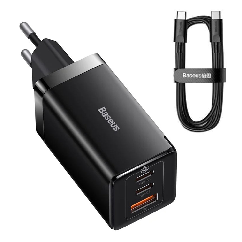 Síťová nabíječka s kabelem USB-C Baseus GaN5 Pro, 65W, 3.25A, 1 x USB-A - 2 x USB-C, Černá C0206500