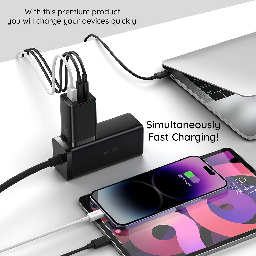 Síťová nabíječka s kabelem USB-C Baseus GaN5 Pro, 65W, 3.25A, 1 x USB-A - 2 x USB-C, Černá C0206500