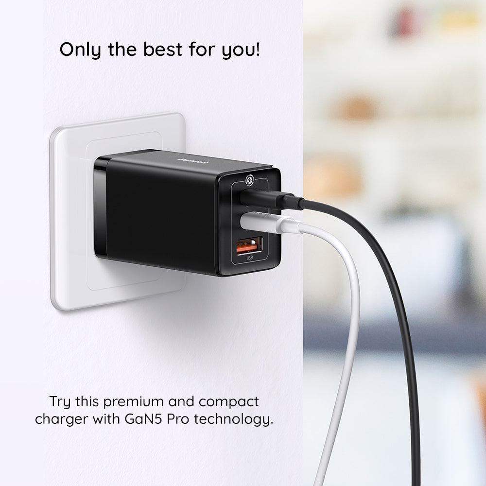 Síťová nabíječka s kabelem USB-C Baseus GaN5 Pro, 65W, 3.25A, 1 x USB-A - 2 x USB-C, Černá C0206500