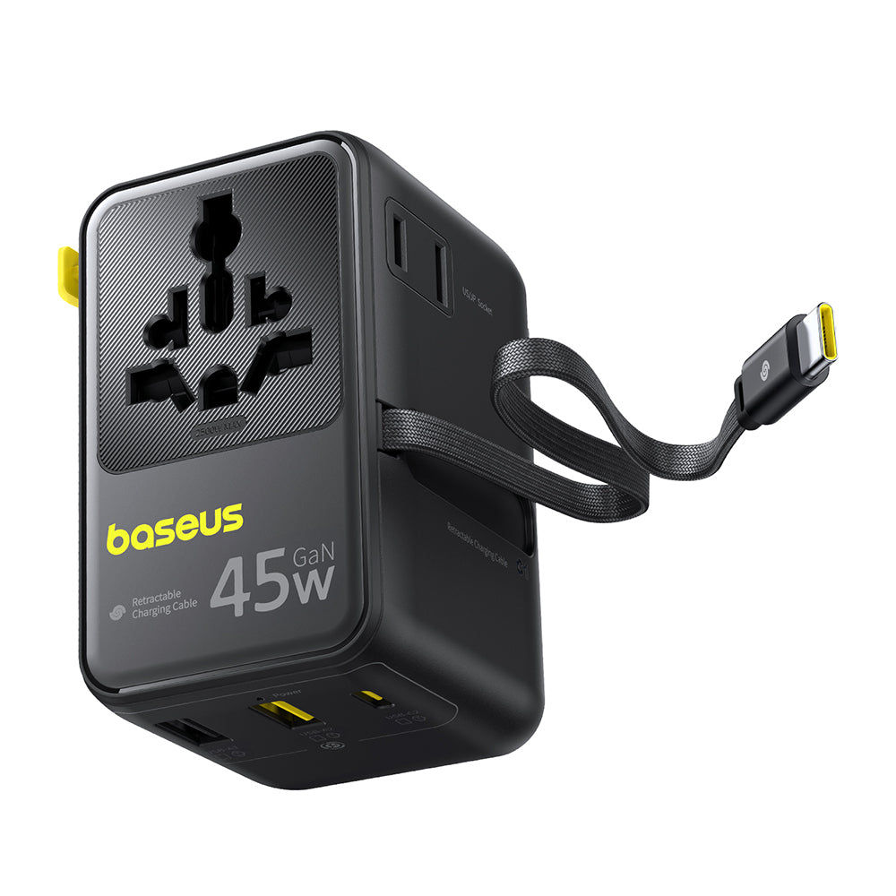 Síťová nabíječka s kabelem USB-C Baseus Travel PicoGo AG11, 45W, 2 x zásuvka - 1 x USB-C - 2 x USB-A, černá E0307F00