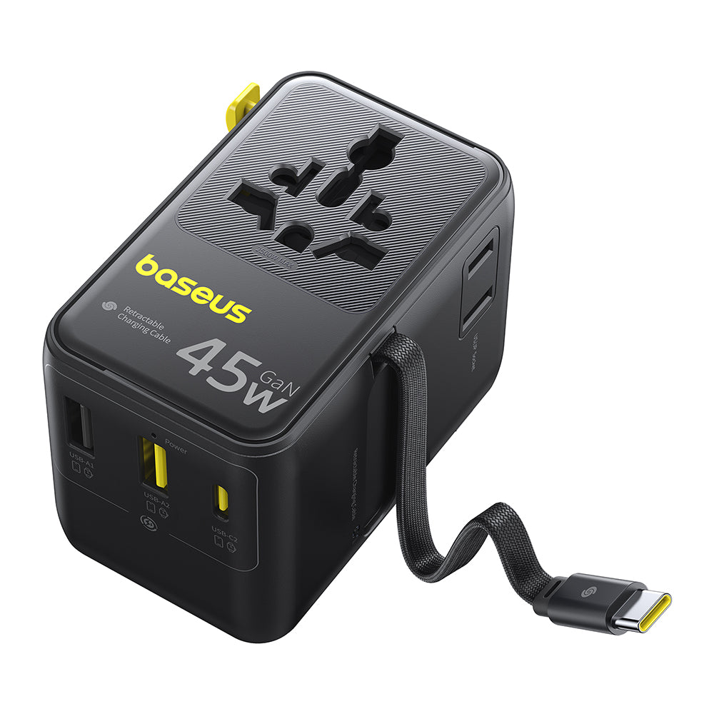 Síťová nabíječka s kabelem USB-C Baseus Travel PicoGo AG11, 45W, 2 x zásuvka - 1 x USB-C - 2 x USB-A, černá E0307F00