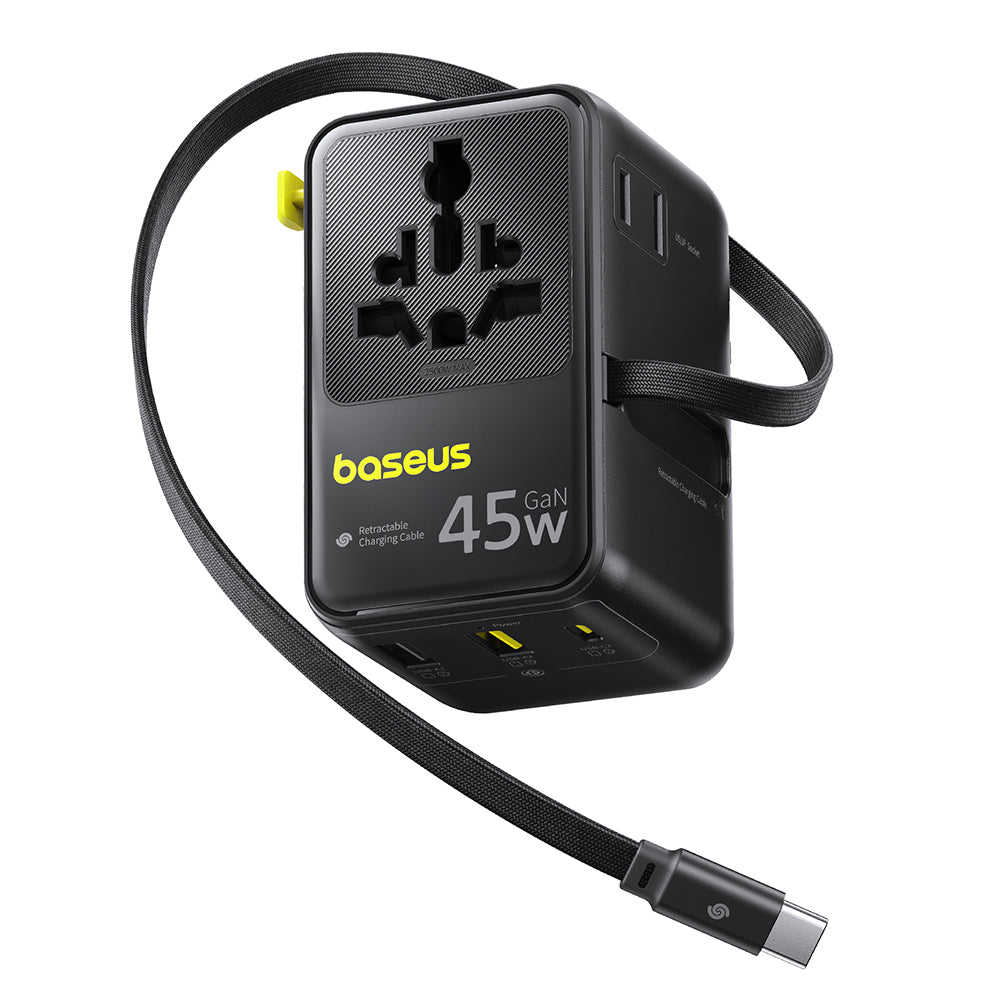 Síťová nabíječka s kabelem USB-C Baseus Travel PicoGo AG11, 45W, 2 x zásuvka - 1 x USB-C - 2 x USB-A, černá E0307F00