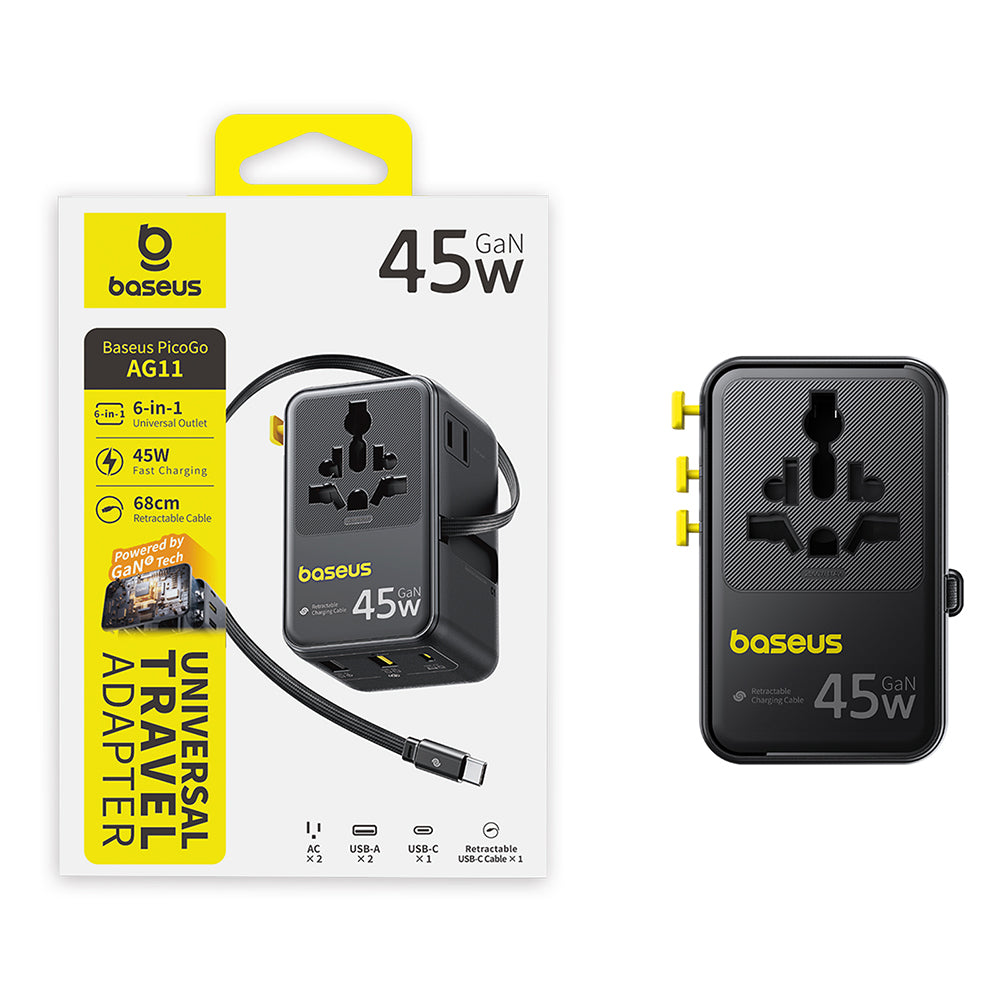Síťová nabíječka s kabelem USB-C Baseus Travel PicoGo AG11, 45W, 2 x zásuvka - 1 x USB-C - 2 x USB-A, černá E0307F00