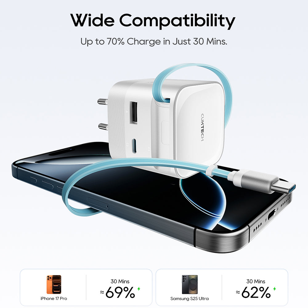 Síťová nabíječka s kabelem USB-C Cuktech, 67W, 3,25A, 1 x USB-A - 1 x USB-C, bílá CUKA653WEUWT