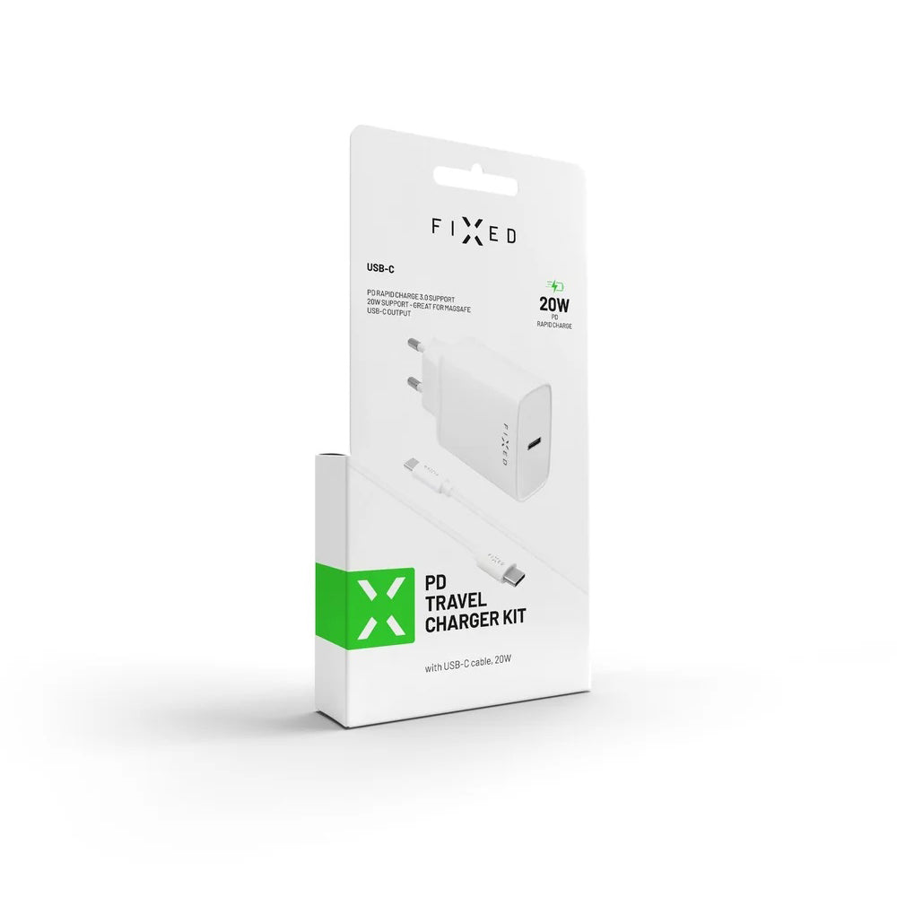 Síťová nabíječka s kabelem USB-C Fixed, 20W, 3A, 1 x USB-C, bílá