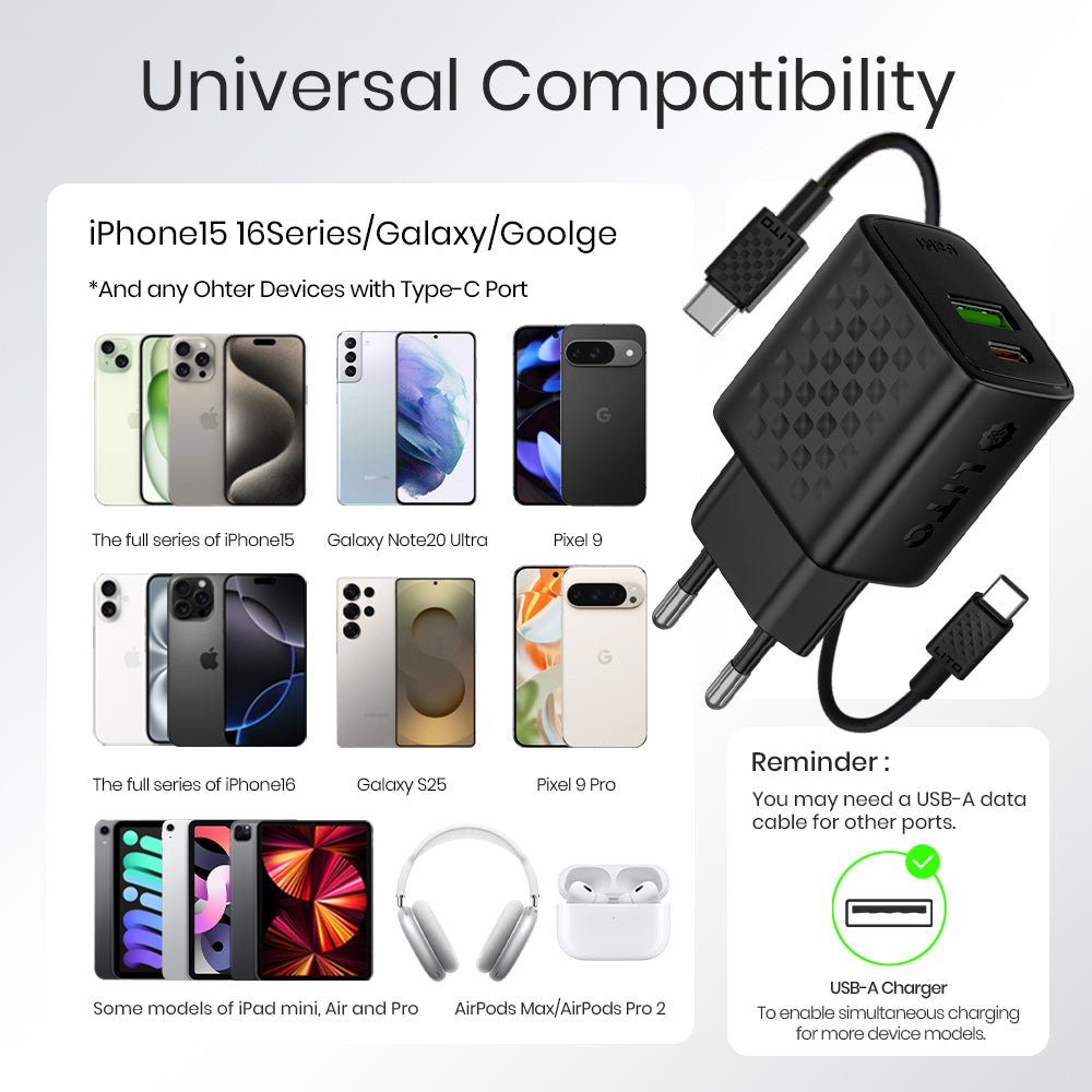 Síťová nabíječka s kabelem USB-C Lito LC15T, 20W, 3A, 1 x USB-A - 1 x USB-C, černá