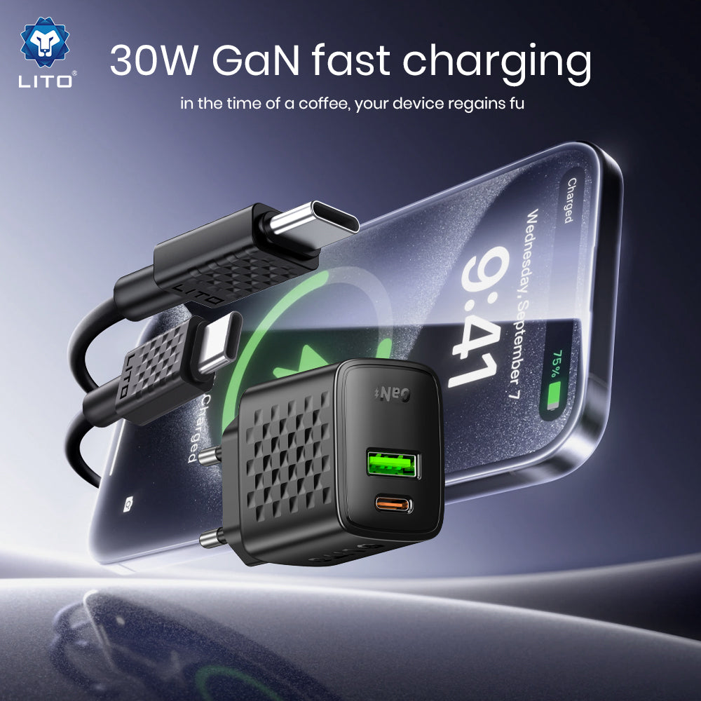 Síťová nabíječka s kabelem USB-C Lito LC19T, 30W, 3A, 1 x USB-A - 1 x USB-C, černá