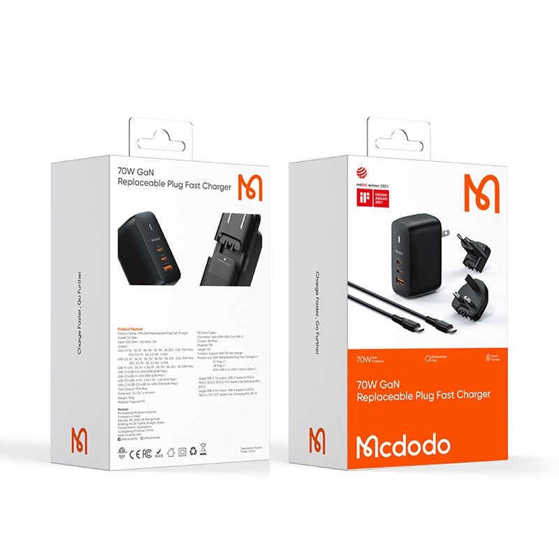Síťová nabíječka s kabelem USB-C McDodo CH-8442 Mecha Travel, 65W, 5A, 1 x USB-A - 2 x USB-C, černá
