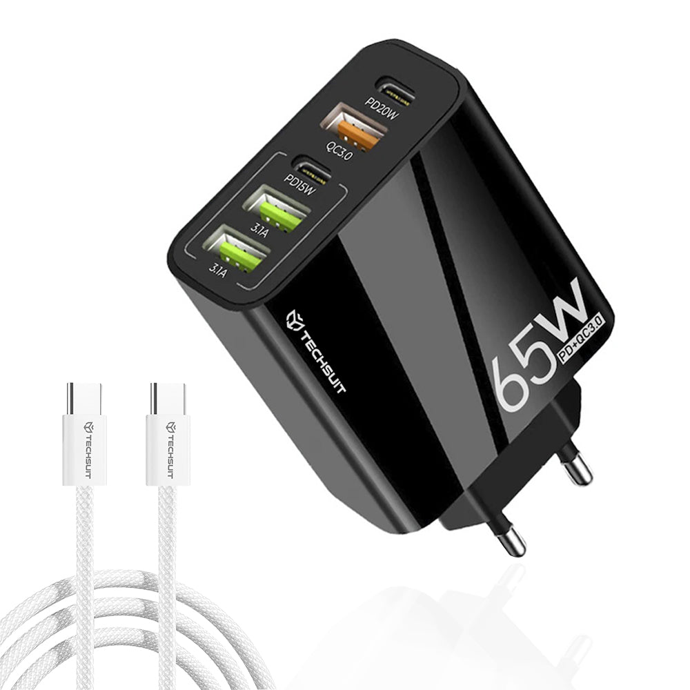 Síťová nabíječka s kabelem USB-C Techsuit CHC2 PentaXPower, 20W, 3A, 3 x USB-A - 2 x USB-C, černá