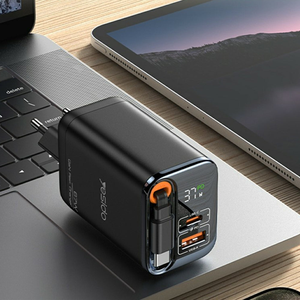 Síťová nabíječka s kabelem USB-C Yesido YC100 Display, 67W, 3.35A, 1 x USB-A - 1 x USB-C, černá