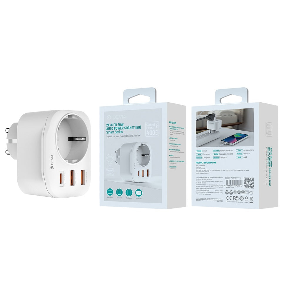 Síťová nabíječka DEVIA WW09-F-PD, 20W, 3A, 2 x USB-A - 1 x USB-C - 1 x Schuko, Bílá