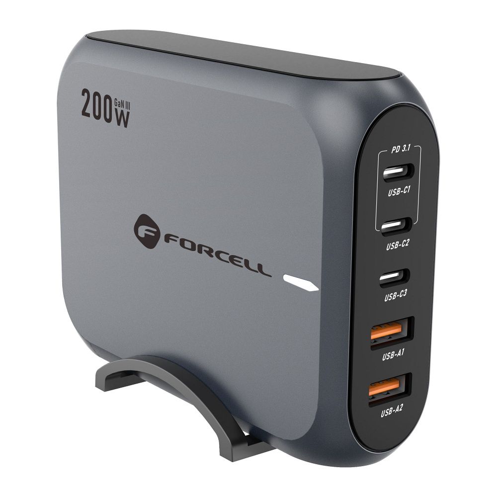 Forcell F-ENERGY GaN III VT-51 Charging Station, 200W, 5A, 2 x USB-A - 3 x USB-C, Gray