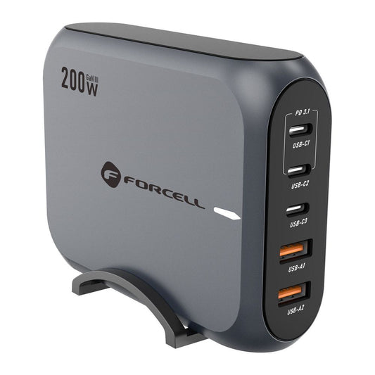 Síťová nabíječka Forcell F-ENERGY GaN III VT-51, 200W, 5A, 2 x USB-A - 3 x USB-C, šedá