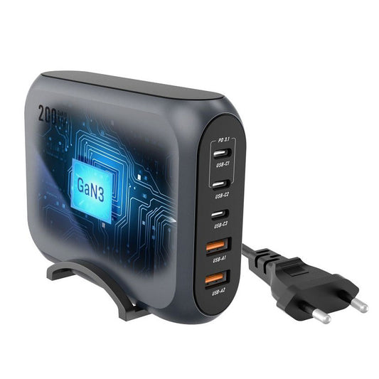 Síťová nabíječka Forcell F-ENERGY GaN III VT-51, 200W, 5A, 2 x USB-A - 3 x USB-C, šedá