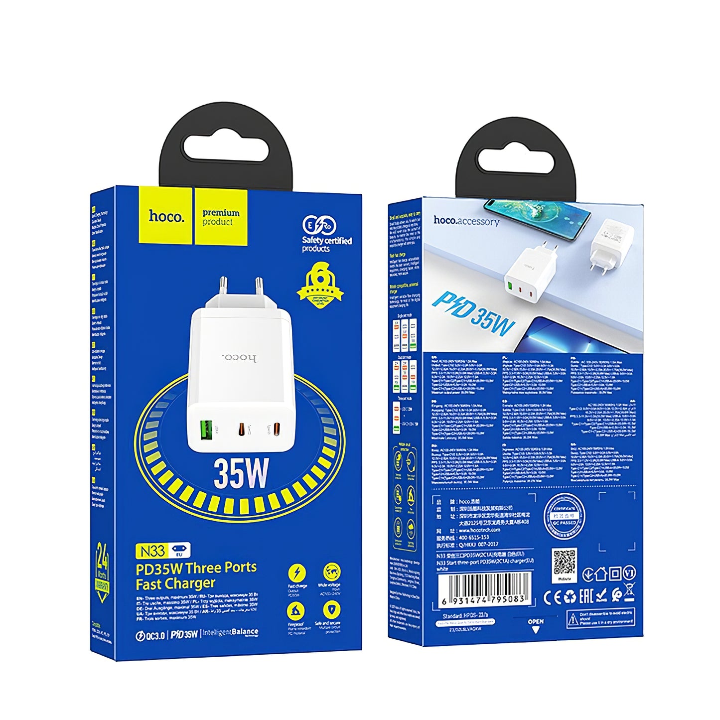 Síťová nabíječka HOCO N33, 35W, 3A, 1 x USB-A - 2 x USB-C, bílá