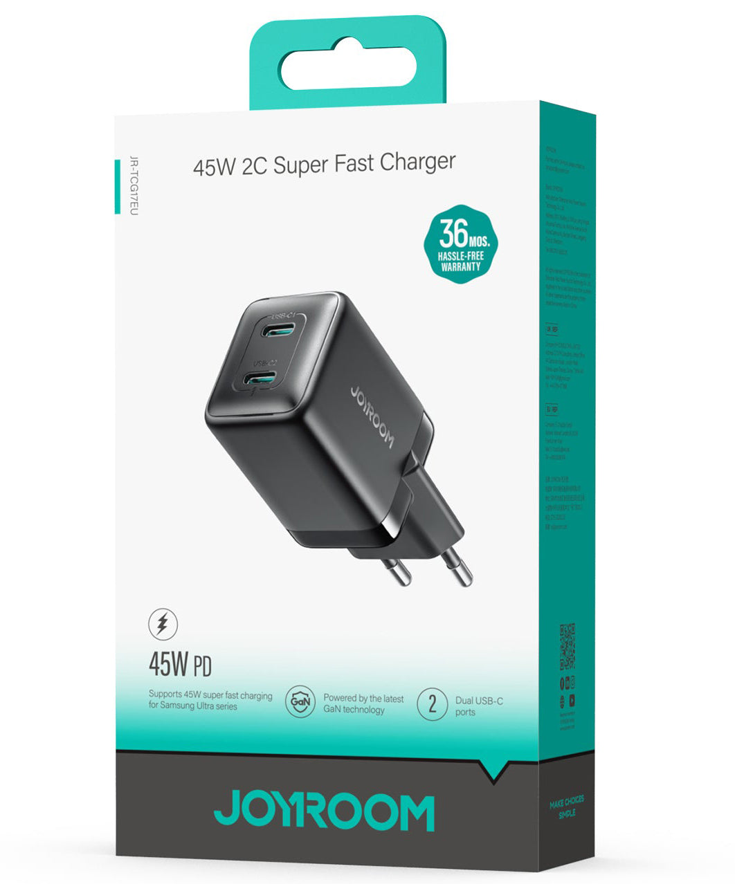 Síťová nabíječka Joyroom JR-TCG17, 45W, 3A, 2 x USB-C, Černá