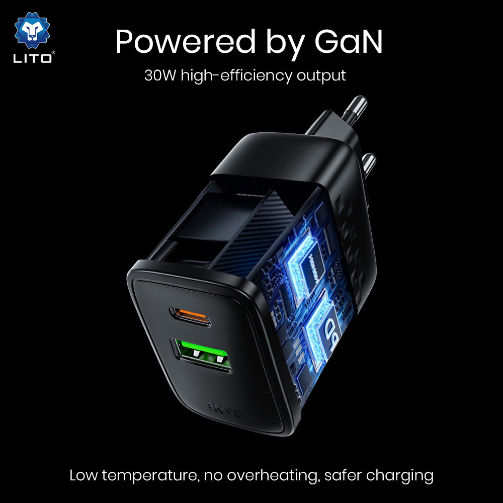 Síťová nabíječka Lito LC19, 30W, 3A, 1 x USB-A - 1 x USB-C, černá
