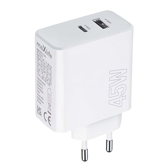 MaXlife Network Charger MXTC-07-45AC, 45W, 3A, 1 x USB-A - 1 x USB-C, White