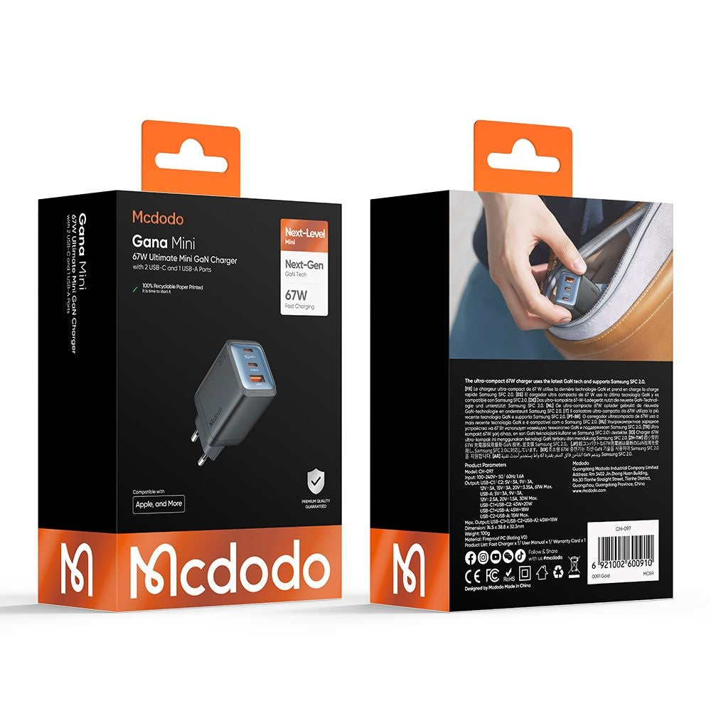 Síťová nabíječka McDodo CH-0970 Gana Mini, 67W, 3A, 1 x USB-A - 2 x USB-C, černá