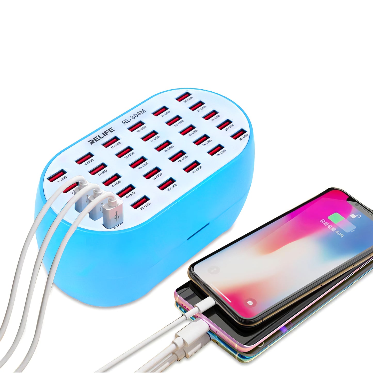 Síťová nabíječka Relife RL-304M, 160W, 2,4A, 30 x USB-A, modrá