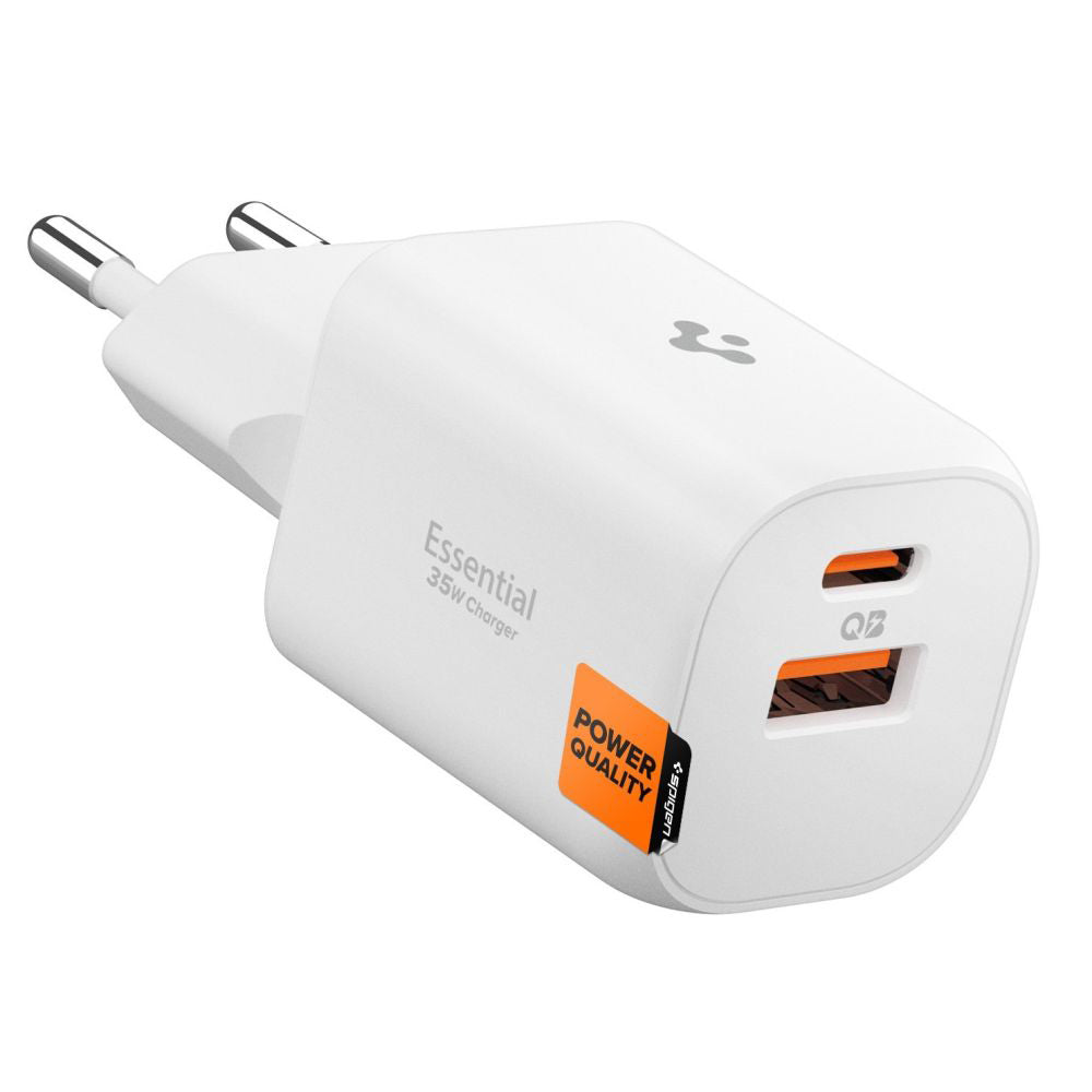 Síťová nabíječka Spigen Essential, 35W, 3A, 1 x USB-A - 1 x USB-C, Bílá