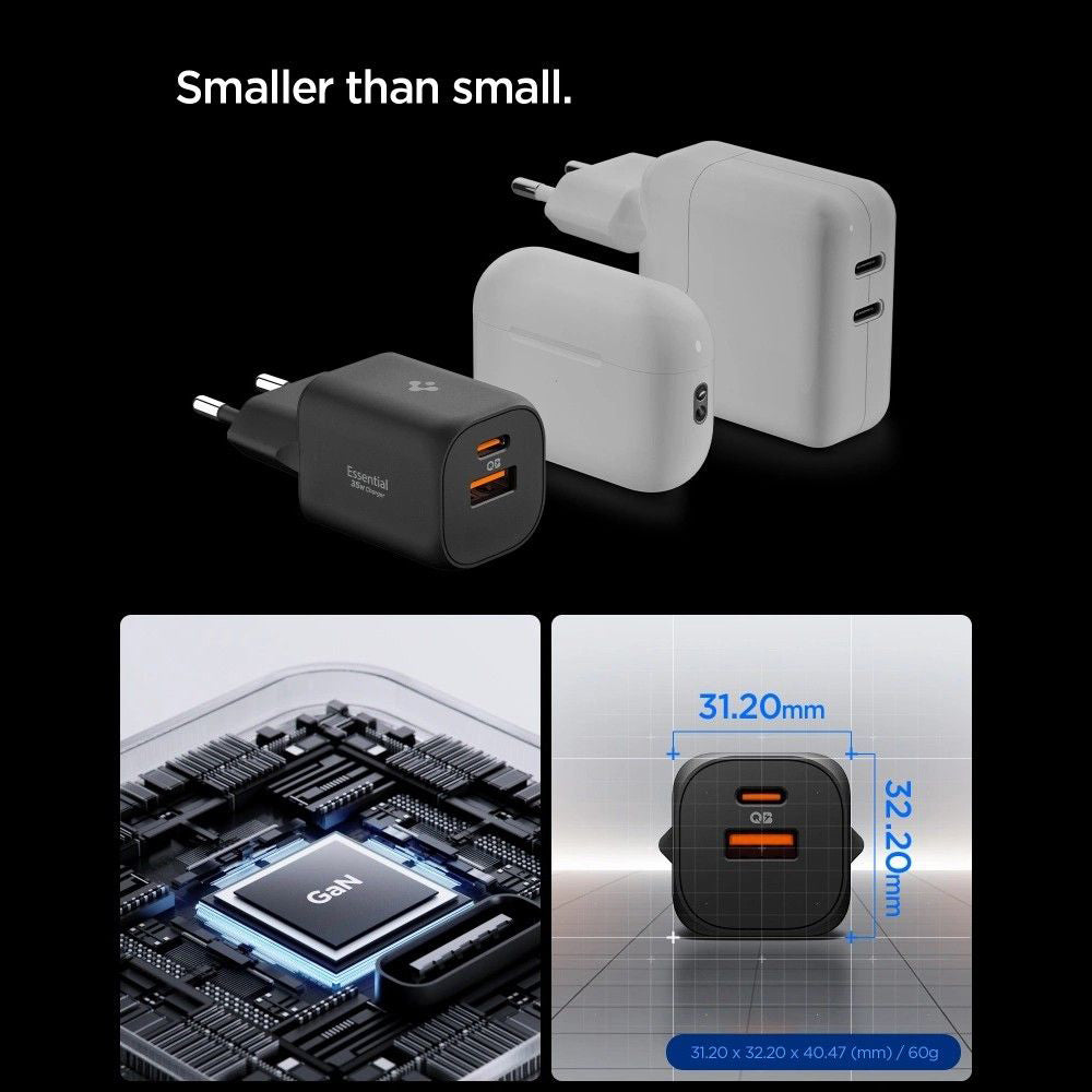 Síťová nabíječka Spigen Essential, 35W, 3A, 1 x USB-A - 1 x USB-C, Černá