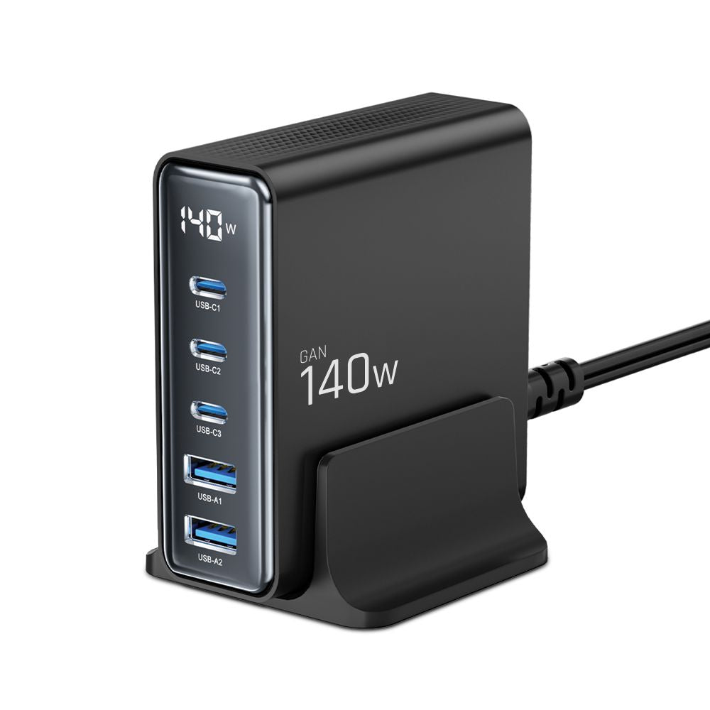 Tech-Protect DC140W Charging Station, 140W, 3A, 2 x USB-A - 3 x USB-C, Black