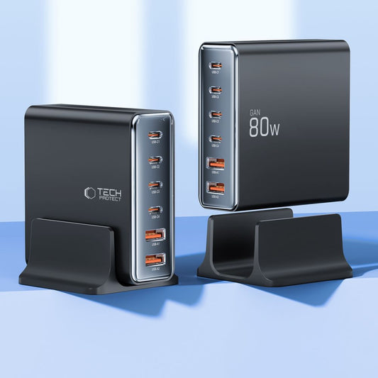 Síťová nabíječka Tech-Protect DC80W, 80W, 3A, 2 x USB-A - 4 x USB-C, černá