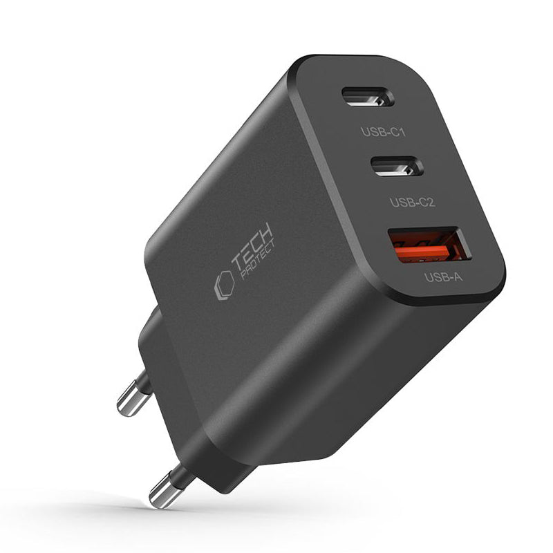 Síťová nabíječka Tech-Protect NC30W, 30W, 3A, 1 x USB-A - 2 x USB-C, černá