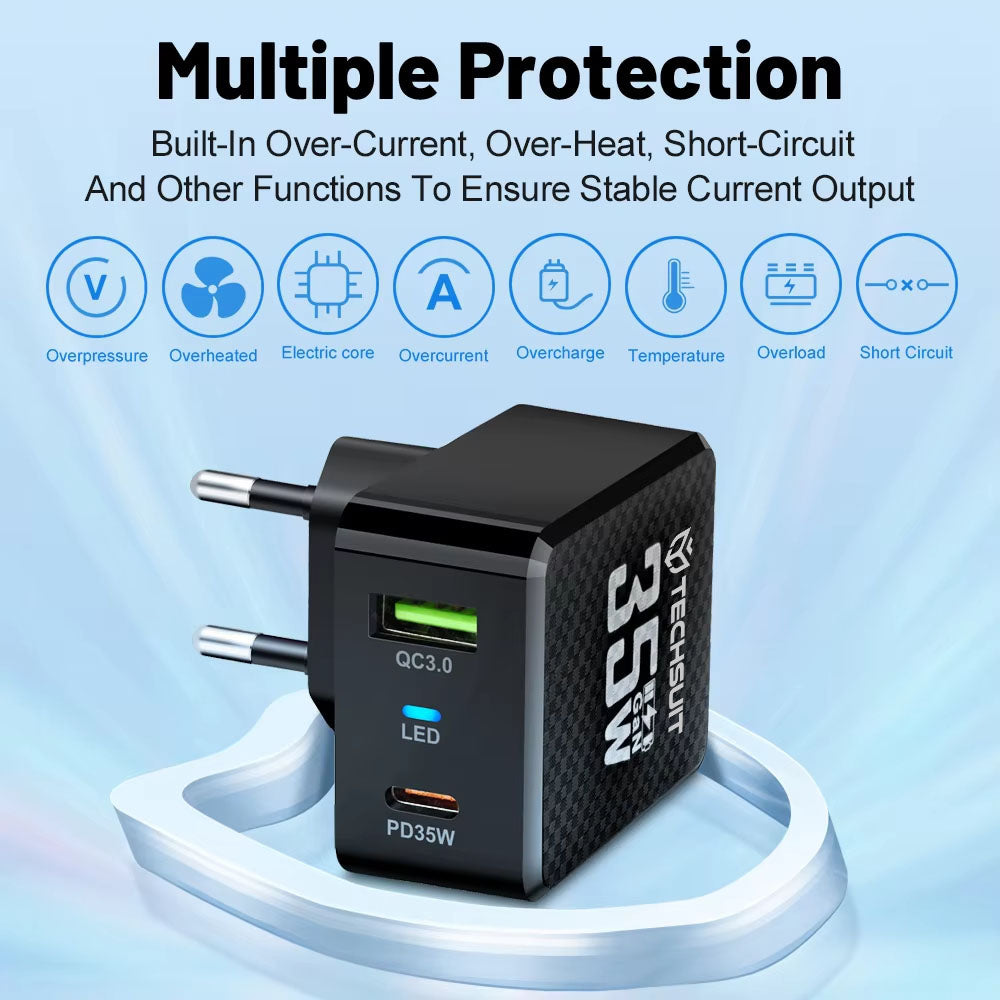 Síťová nabíječka Techsuit CHPD173 Tiny, 35W, 3A, 1 x USB-A - 1 x USB-C, bílá