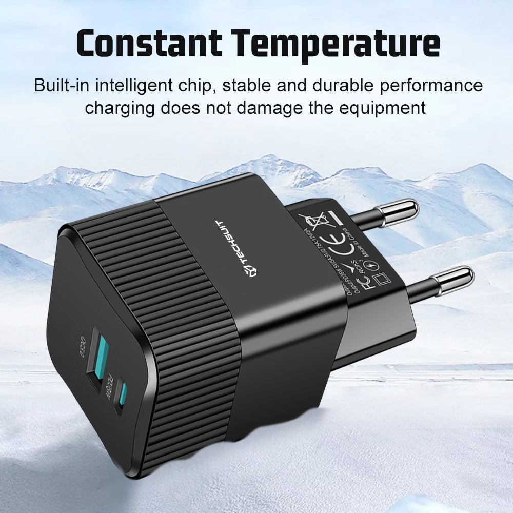 Síťová nabíječka Techsuit CHPD216 Tiny, 25W, 3A, 1 x USB-A - 1 x USB-C, bílá