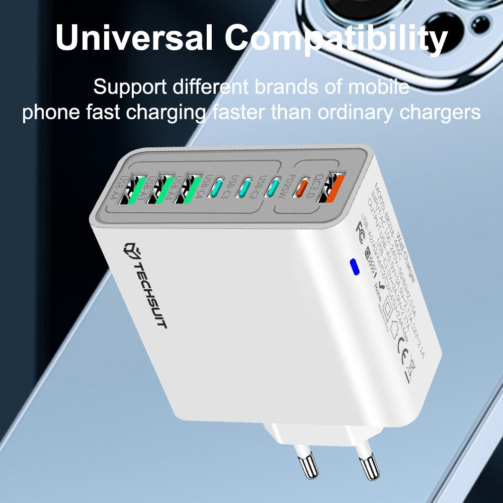 Síťová nabíječka Techsuit CHPD224, 65W, 3.25A, 4 x USB-A - 4 x USB-C, Bílá