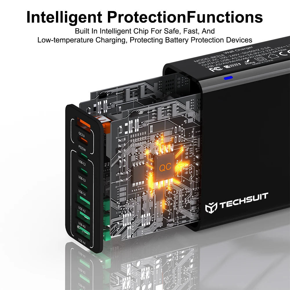 Síťová nabíječka Techsuit CHPD224, 65W, 3.25A, 4 x USB-A - 4 x USB-C, černá