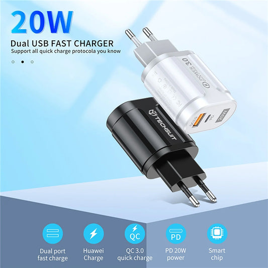 Síťová nabíječka Techsuit Premium, 20W, 3A, 1 x USB-A - 1 x USB-C, Bílá