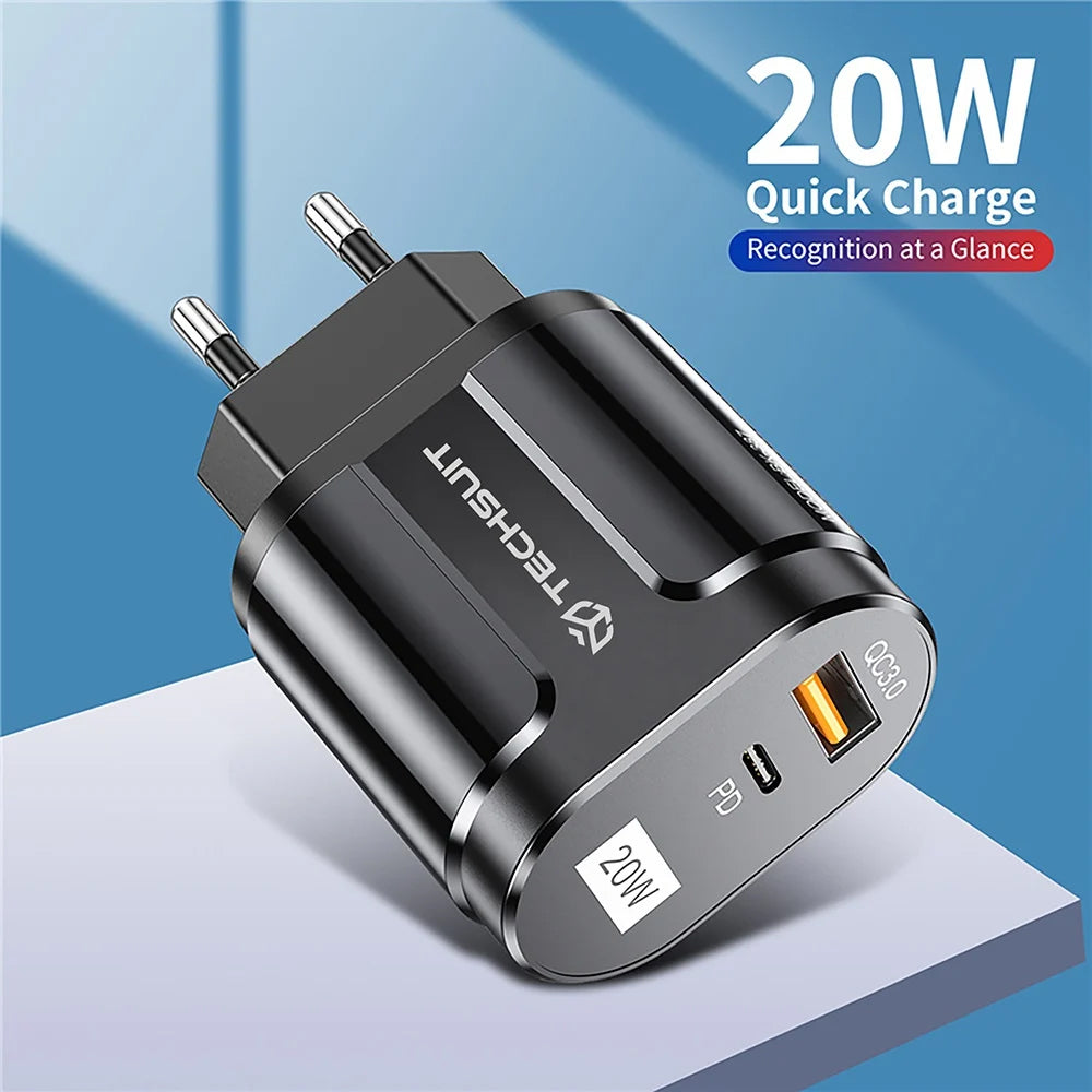 Síťová nabíječka Techsuit Premium, 20W, 3A, 1 x USB-A - 1 x USB-C, Bílá