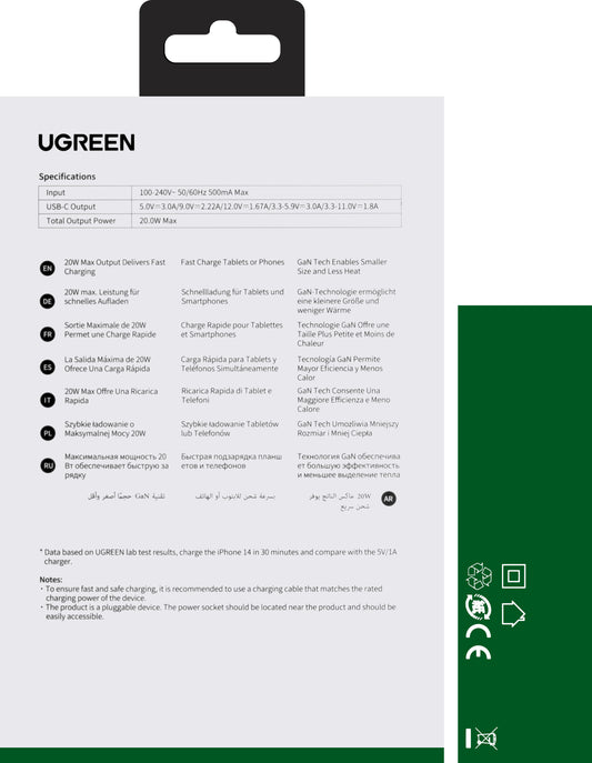 Síťová nabíječka UGREEN CD318, 20W, 3A, 1 x USB-C, šedá