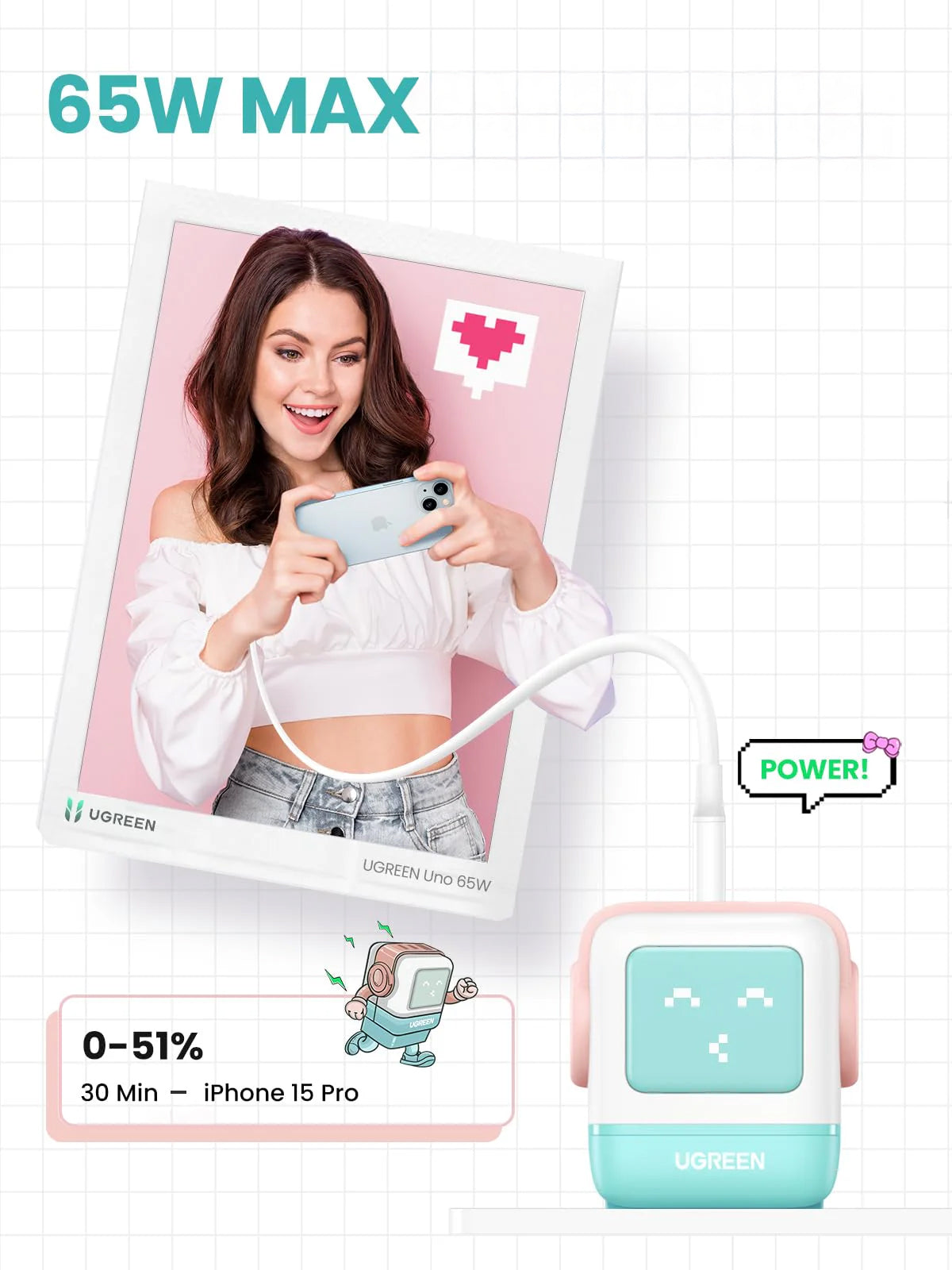 Síťová nabíječka UGREEN CD361 Uno, 65W, 3.25A, 1 x USB-A - 2 x USB-C, tyrkysová