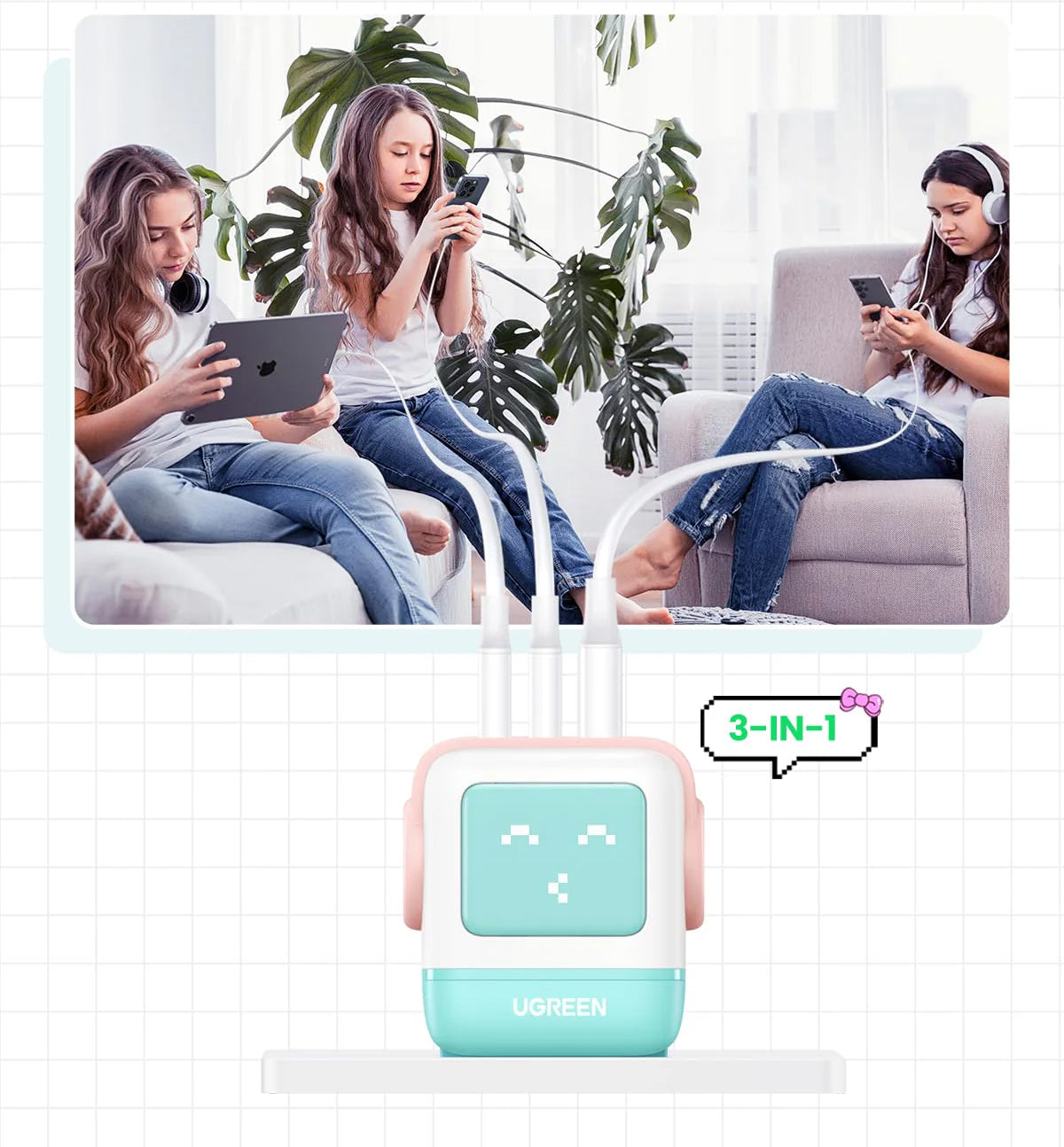 Síťová nabíječka UGREEN CD361 Uno, 65W, 3.25A, 1 x USB-A - 2 x USB-C, tyrkysová