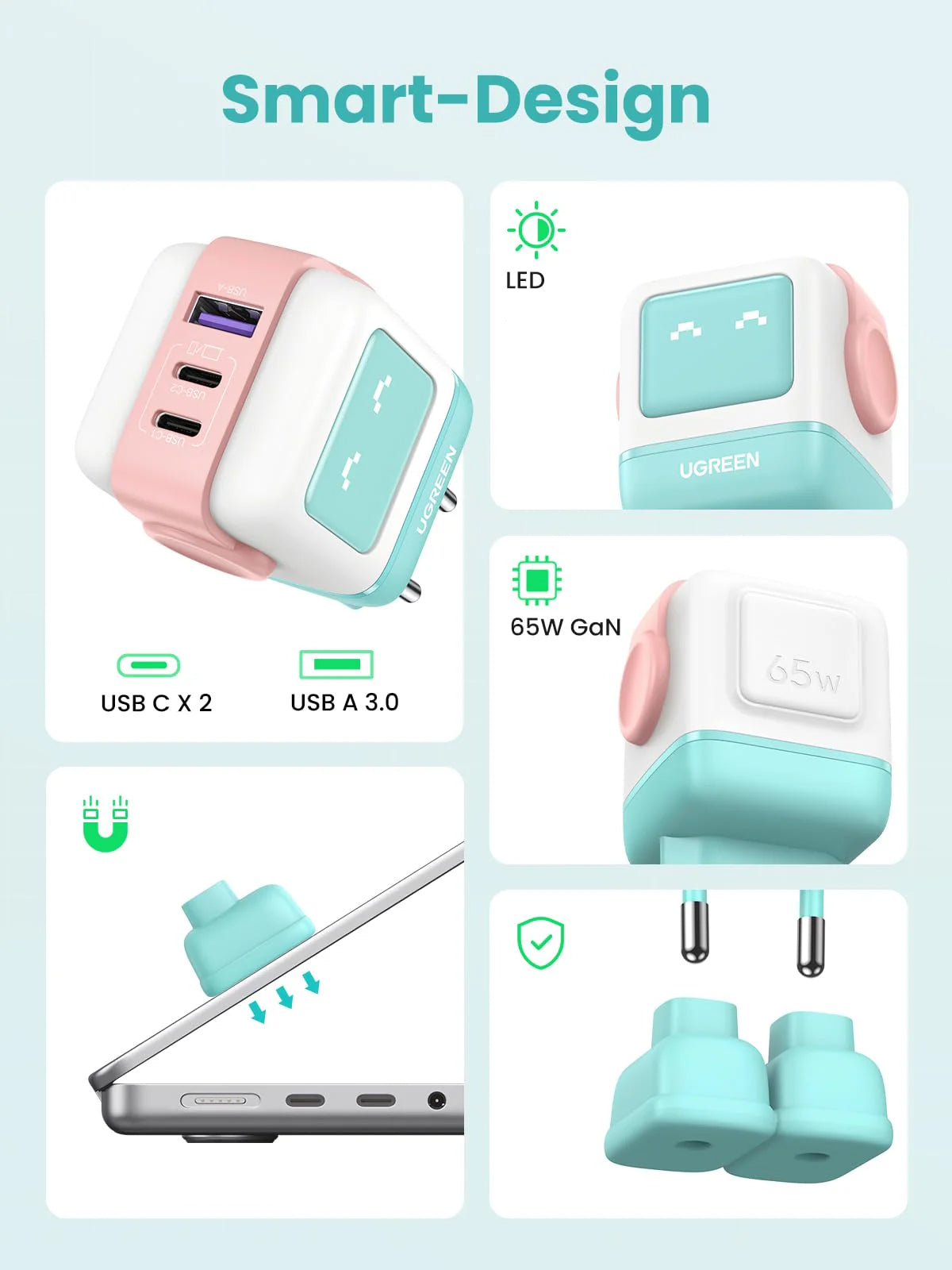 Síťová nabíječka UGREEN CD361 Uno, 65W, 3.25A, 1 x USB-A - 2 x USB-C, tyrkysová