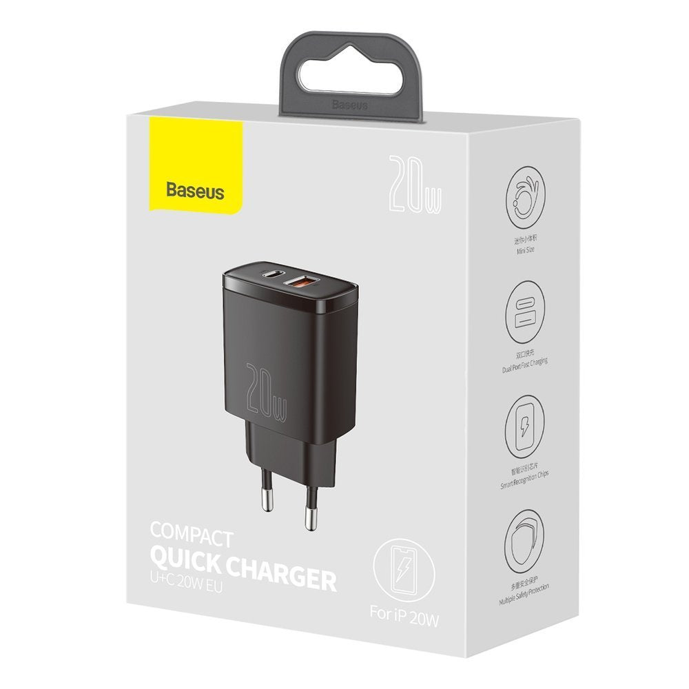 Kompaktní síťová nabíječka Baseus, 20W, 3A, 1 x USB-A - 1 x USB-C, černá CCXJ-B01