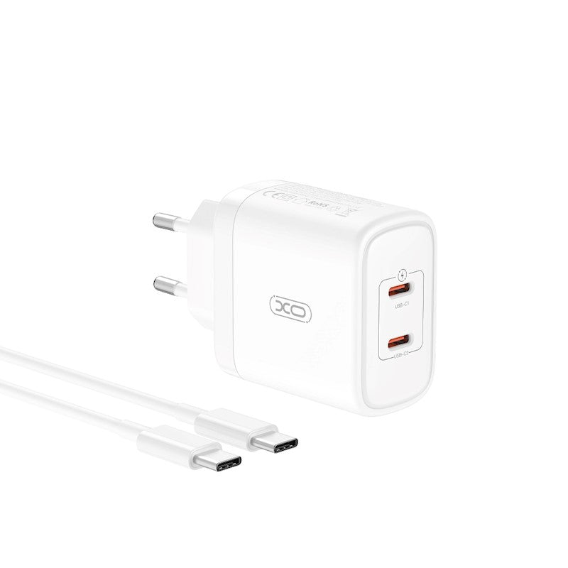 Síťová nabíječka s kabelem USB-C XO Design CE08, 50W, 3A, 2 x USB-C, bílá