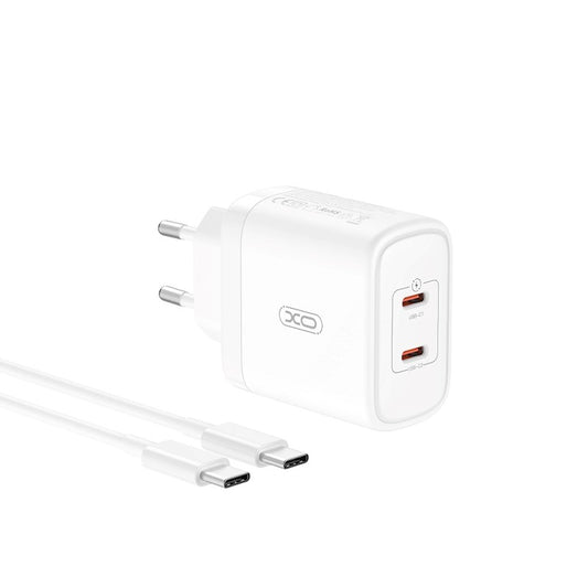 Síťová nabíječka s kabelem USB-C XO Design CE08, 50W, 3A, 2 x USB-C, bílá