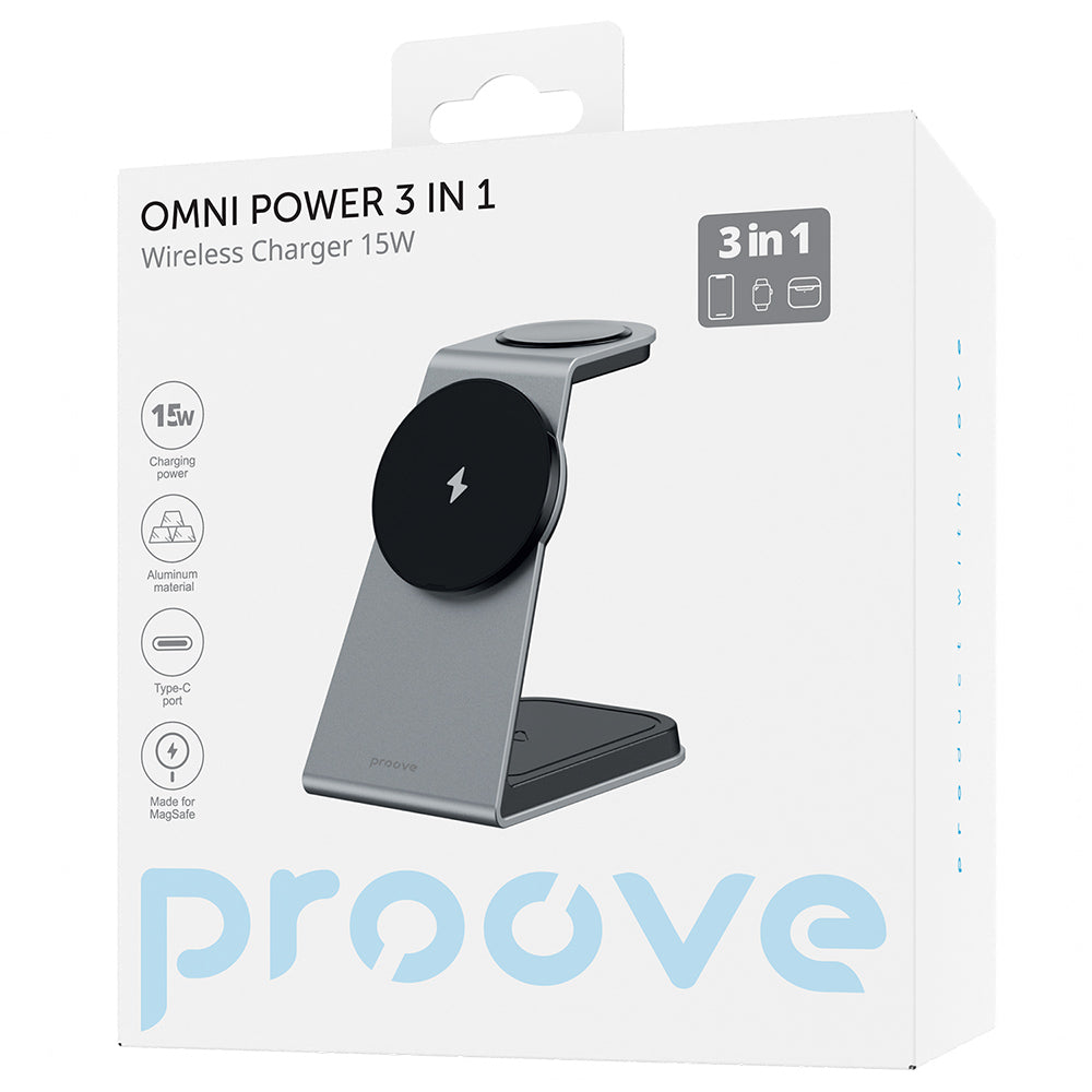 Bezdrátová nabíjecí stanice Proove Omni Power 3v1, 15W, 1.67A, šedá WSOP15020003