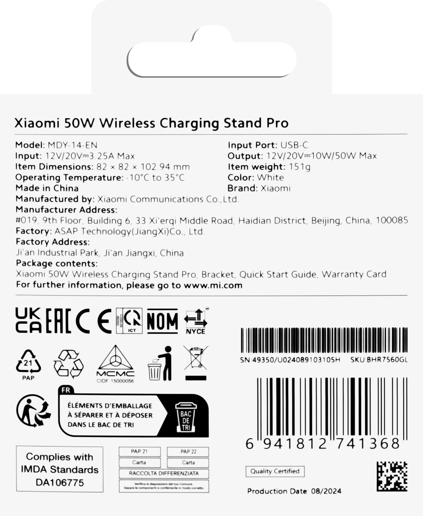Bezdrátová síťová nabíječka Xiaomi Stand Pro, 50 W, bílá BHR7560GL