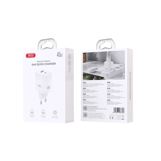 Síťová nabíječka XO Design CE36, 45W, 3A, 1 x USB-A - 1 x USB-C, Bílá