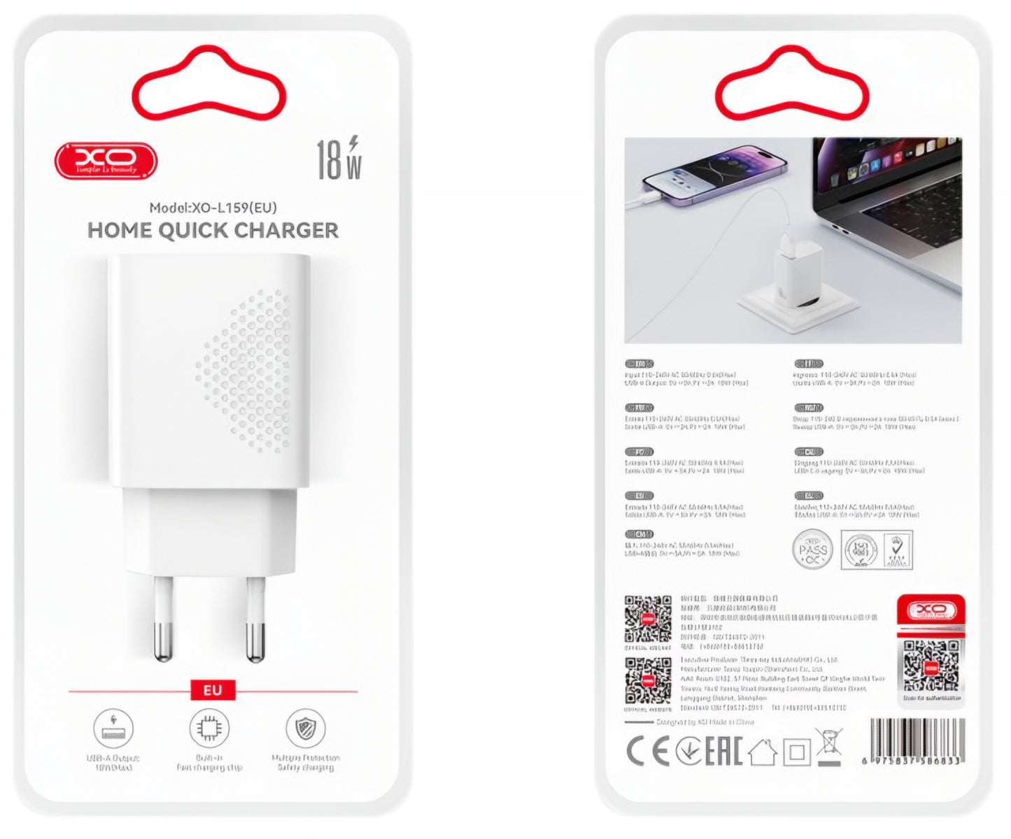 Síťová nabíječka XO Design L159, 18W, 3A, 1 x USB-A, Bílá