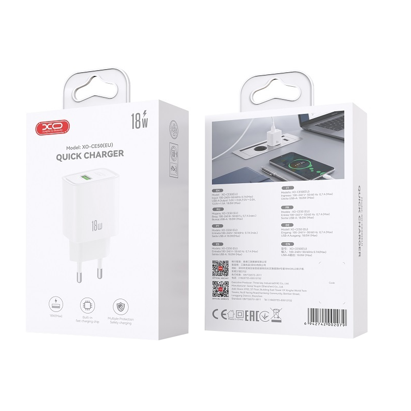 Síťová nabíječka XO Design CE50, 18 W, 3 A, 1× USB-A, bílá